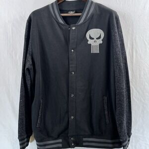 Marvel Men's Jacket Punisher Skull Varsity Snap Front Size XL Black Gray Logo